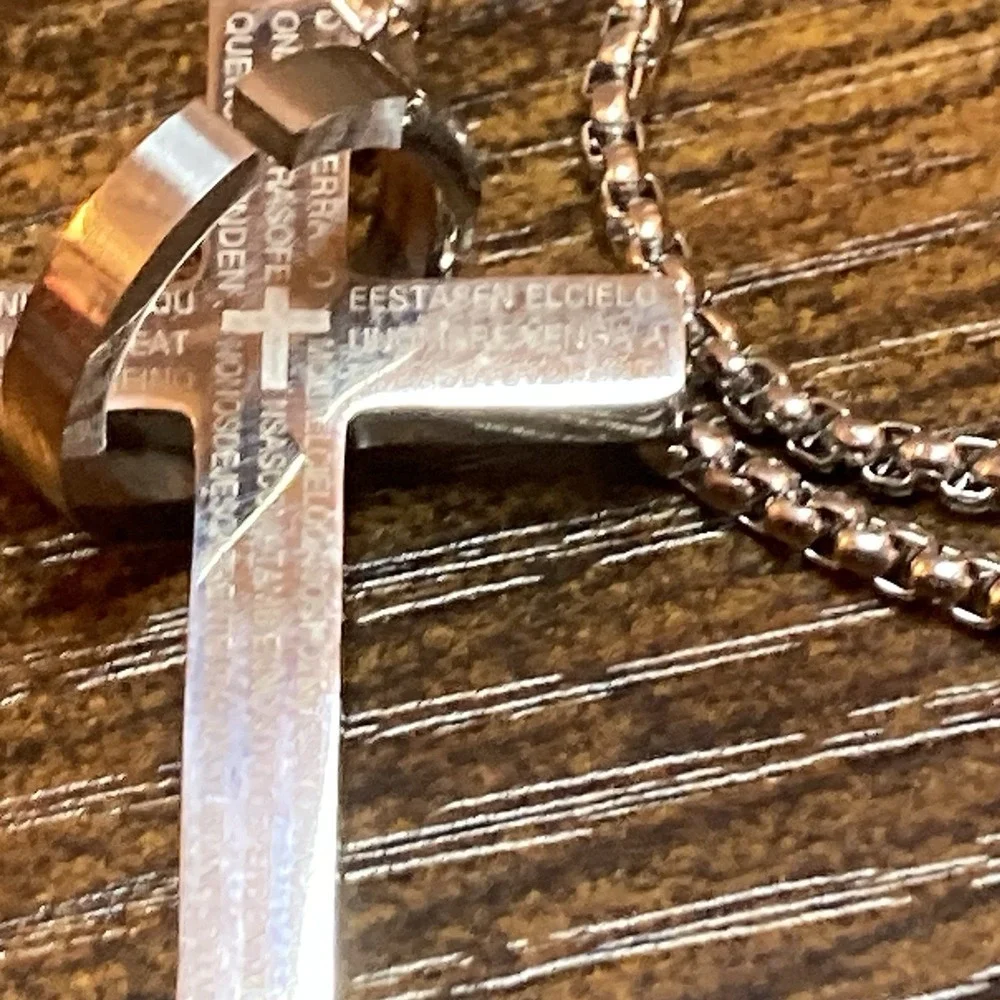 Cross Pendant Necklace 23.5in Stainless Steel‎ Padre Nuestro Christian Religious